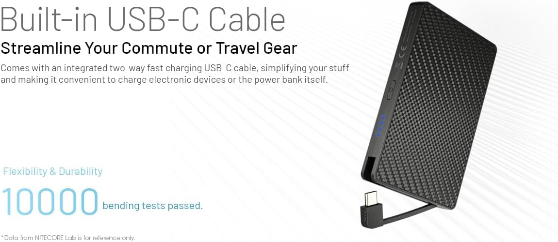 Nitecore Pocket 10000 Power Bank, 10000mAh Dual USB-C Ports for Phones, Flashlights, and Headlamps with Built-in USB-C Cable