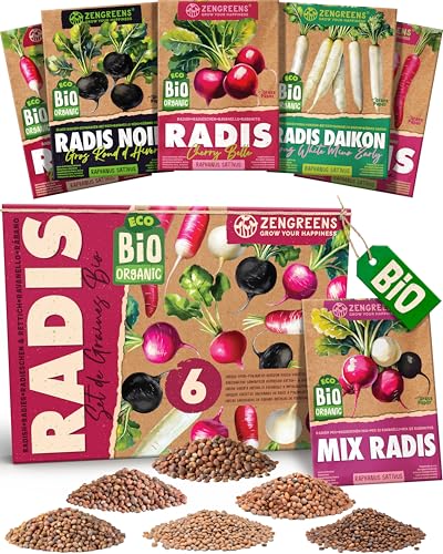 ZenGreens® - Kit de graines de radis & radis d'hiver bio - 6 variétés pour une culture facile dans le jardin, sur le balcon ou dans une jardinière surélevée - Semences légumes
