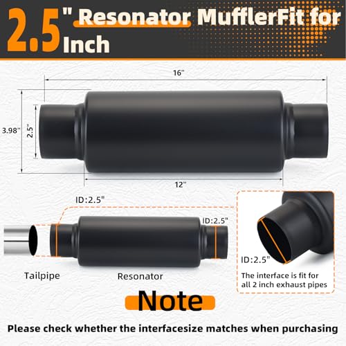 Image of A-KARCK 2.5 inch Inlet Exhaust Resonator, 2.5 inch Inlet 2.5 inch Outlet 16 inch Overall Length Muffler Resonator Stainless Steel,Polished (Black)