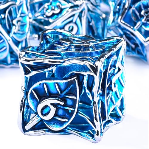 SIQUK Metal DND Dice Set 7 Pieces Maple Leaf DND Dice Hollow Polyhedral Dice D20 D12 D10 D% D8 D6 D4 Dice with Metal Box for Dungeons & Dragons RPG Board Games(Blue & Silver)