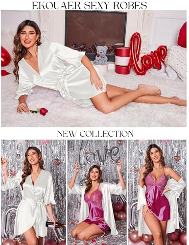 Image of Ekouaer Women's Satin Robe Valentines Lingerie for Women Kimono Bathrobe Short Ruffle Belted Robes Bridesmaids Sleepwear