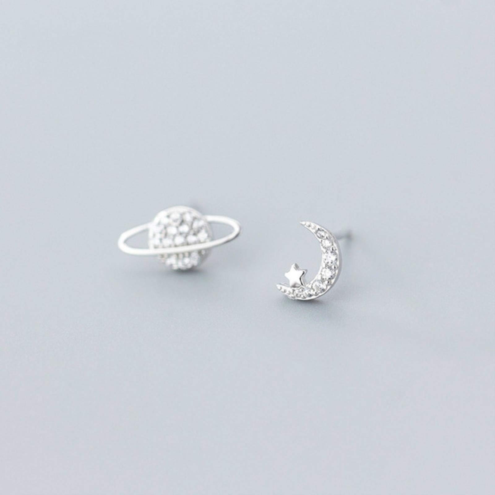 Orecchini Pendenti Asimmetrici In Argento 925 Con Zircone - Design Stella E Luna - Eleganti E Lunghi Per Ragazze