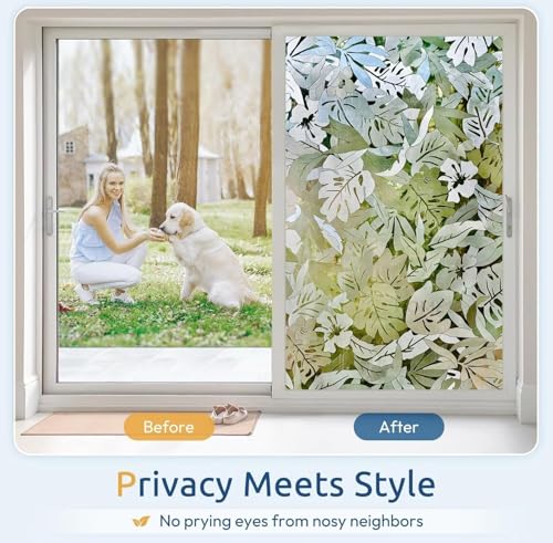 Image of HOME13 Window Privacy Film Frosted Glass Film Decorative Window Sticker Removable Window Film Home Office Privacy Film Window Coverings (Palm Leaves, 2 Feet by 12 Feet)