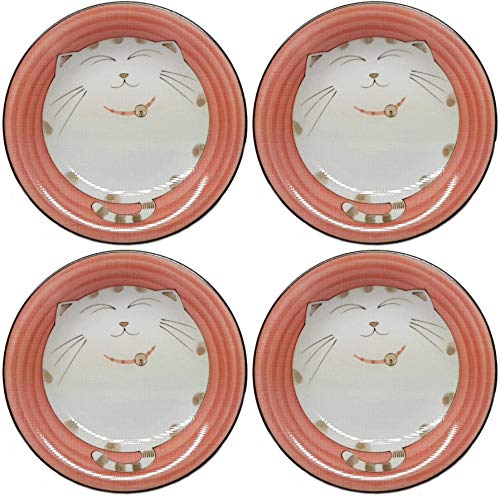 JapanBargain 2476, Set of 4 Japanese Porcelain Plates for Appetizer Dessert Cake Snack, Maneki Neko Smiling Lucky Cat Pattern for Cat Lovers, Cat Dinner Plates, Made in Japan, 6.5-inch, Pink
