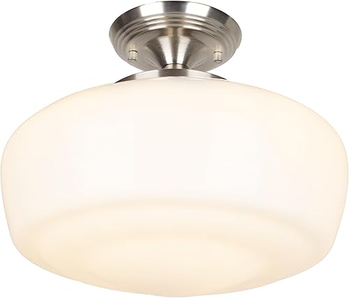 Miniatura 8 de Lámpara de techo semiempotrada estilo colegial, lámpara de techo moderna dorada de 12 pulgadas con pantalla de vidrio de leche de ópalo de latón,