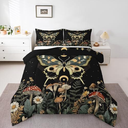 Erosebridal Trippy Butterfly Twin Bedding Set,Gothic Moth Comforter Set for Kids Boys Girls,Moon Stars Starry Sky Duvet Insert,Mushroom Flowers Botanical Quilt Comforter,Grey Black,2 Piece
