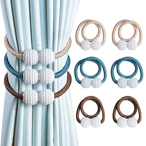 OTHWAY Abrazaderas magnéticas para Cortinas, prácticas alzapaños de Perlas Decorativas para Cortinas (Beige+Azul+Marrón, 6 Unidades)