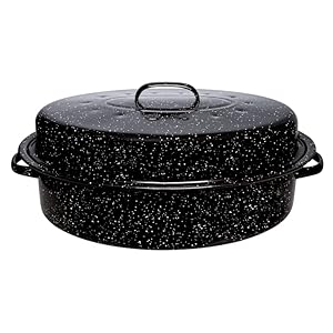 Millvado Roasting Pan With Lid, Turkey Roaster Pan, Extra Large 18 lb Capacity, 18″ Granite Oven Roaster Oval Shaped Speckled Enamel on Steel Cookware
