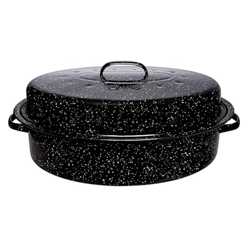 Roasting Pan With Lid, Thanksgiving Turkey Roaster Pan, Extra Large 20 lb Capacity, 19″ Granite Oven Roaster Oval Shaped Speckled Enamel on Steel Cookware