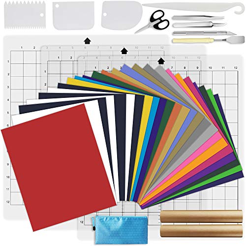 Sumfox 39Pcs HTV Heat Transfer Vinyl Bundle 12x10 Iron On Vinyl HTV Sheets with Cutting Mats, Teflon Sheet for Heat Press, Easy Weed Tools Set for T-Shirts Compatiable with Heat Press Machines