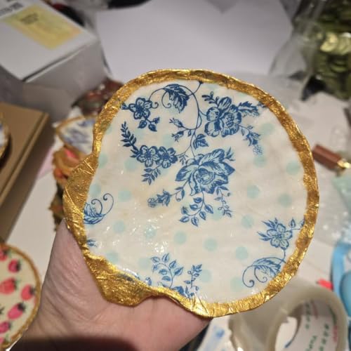 Nuvretk Natural Shell Jewelry Tray - Handmade Decoupage Trinket Dish with Gold Accent, 10-12cm Seashell Organizer for Rings and Bracelets - Ideal for Vanity or Bathroom Dcor(Flower)
