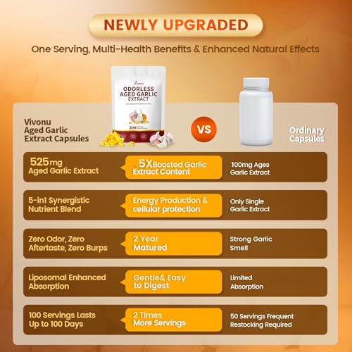 Image of VivoNu Aged Garlic Extract Capsules, 300 Softgels, Odorless, Gluten Free | Odorless 24-month aged garlic softgels with Mag, Chromium, B1 & B9. Non-GMO, 100-day supply for holistic wellness.