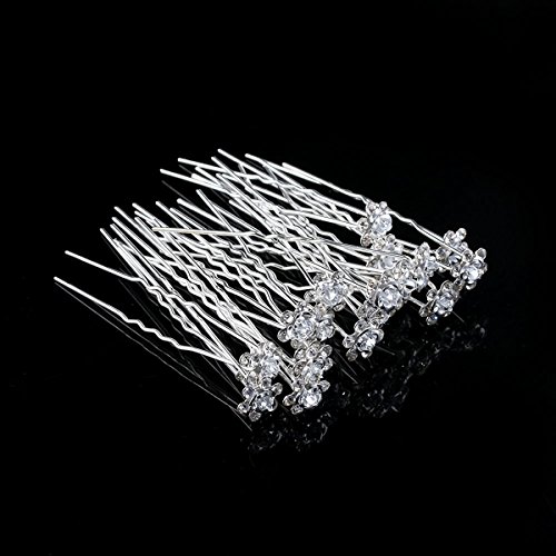 20pcs Rhinestone Rose Flower Hair Pin Crystal Bride Wedding Hair Clip U Shape Metal Bobby Pin Jewelry Hair Accessories Decoration, White