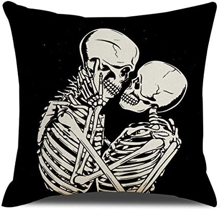 QIQIANY Skull Couple Decorative Throw Pillow Cover 18x18 Inch Square Linen Skull Lovers Skeletons Pillow Case Home Decor Art Skull Pillow Cushion Cover for Sofa Kitchen Bedroom