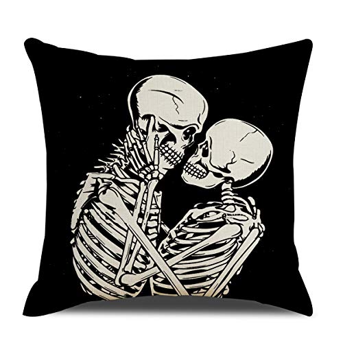 Qiqiany Skull Couple Decorative Throw Pillow Cover 18X18 Inch Square Linen Skull Lovers Skeletons Pillow Case Home Decor Art Skull Pillow Cushion Cover For Sofa Kitchen Bedroom #TOP8