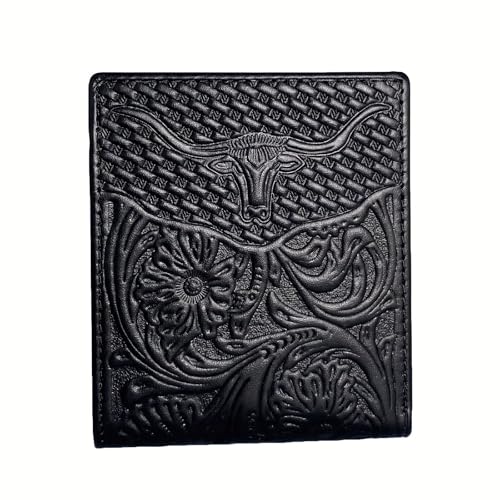 Ox Head And Floral Embossed Genuine Leather Wallet For Men Vintage Western Cowboy Full Grain Leather Bifold Short Wallet With ID Windows Credit Card Holder Case, Gift for Men (Black)