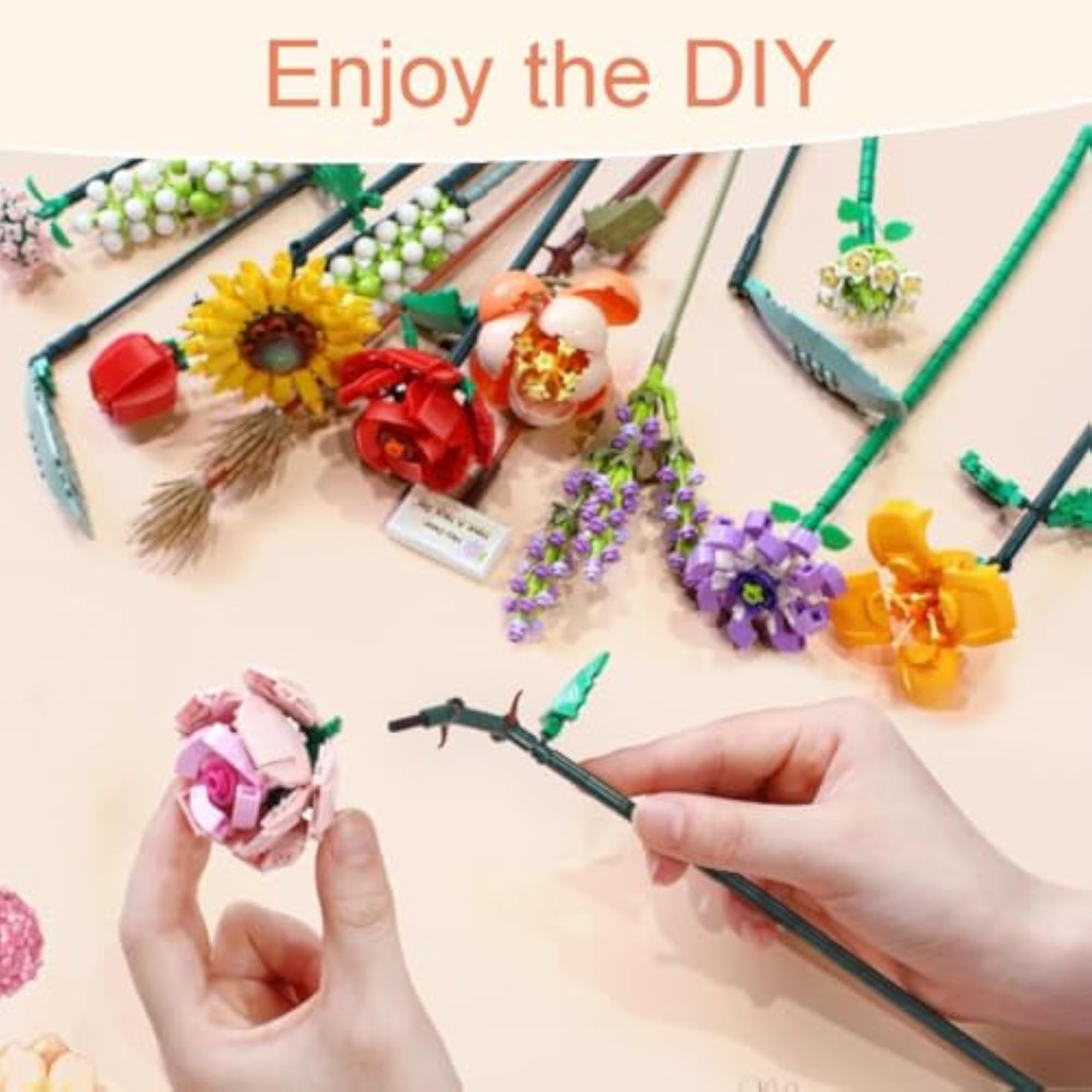 Artificial Flower Building Blocks Kit, Decorative Faux Flowers