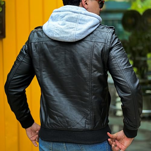 Image of Jild Hooded 2.0 Leather Jacket Men - Genuine Lambskin Leather Bomber Jacket with Removable Hood for Mens Fashion