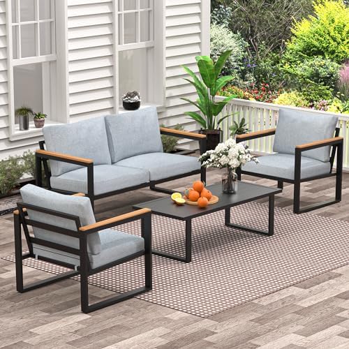 Patio Furniture Set, 4 Pieces Outdoor Patio Furniture with Table Set, Metal Patio Conversation Sets with Washable and High-Resiliency Sponge Cushions, Light Grey