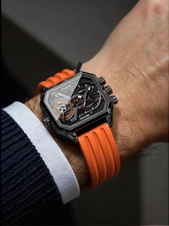 Image of Men's Square Luxury Stainless Steel Quartz Watch - Waterproof 10BAR Wristwatch with Luminous Display, Day /Date Calendar, Hardlex Glass - Fashion & Business Timepiece