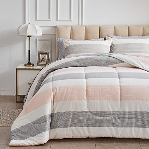 Joyreap 7 Piece Bed In A Bag Cotton, Queen Size Luxury Bedding Comforter Set For All Season- Light Pink N Gray Stripes- 1 Comforter, 2 Pillow Shams, 1 Flat Sheet, 1 Fitted Sheet, 2 Pillowcases #TOP1