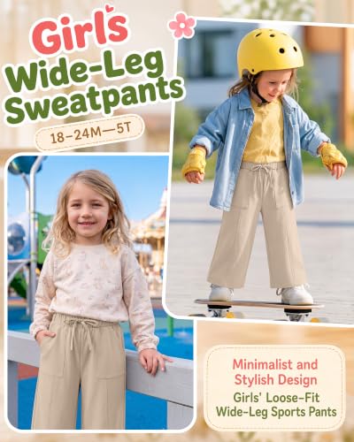Image of Toddler Girls Wide Leg Pants | Baby Girls Sweatpants, Baggy Drawstring Pants with Pockets, Open Bottom Joggers, Back to School Trousers, for Kids 18M-5T
