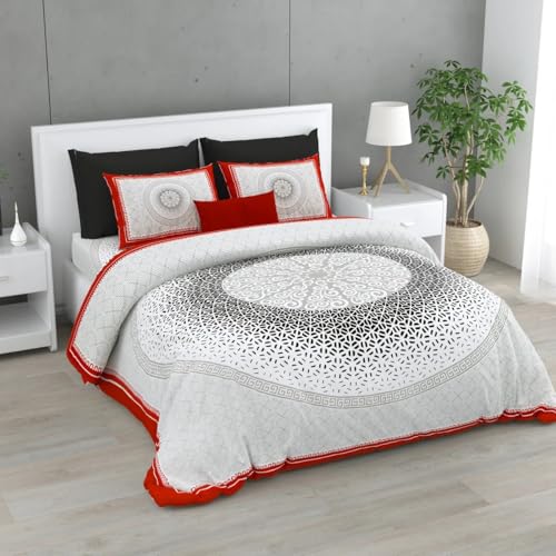Image of 300 Thread Count Cotton Bedsheet King Size with 2 Pillow Covers | Soft & Breathable | Durable & Fade Resistant | 100 x 108 Inches (274 x 254 CM) (Printed Design) (Ivory White)