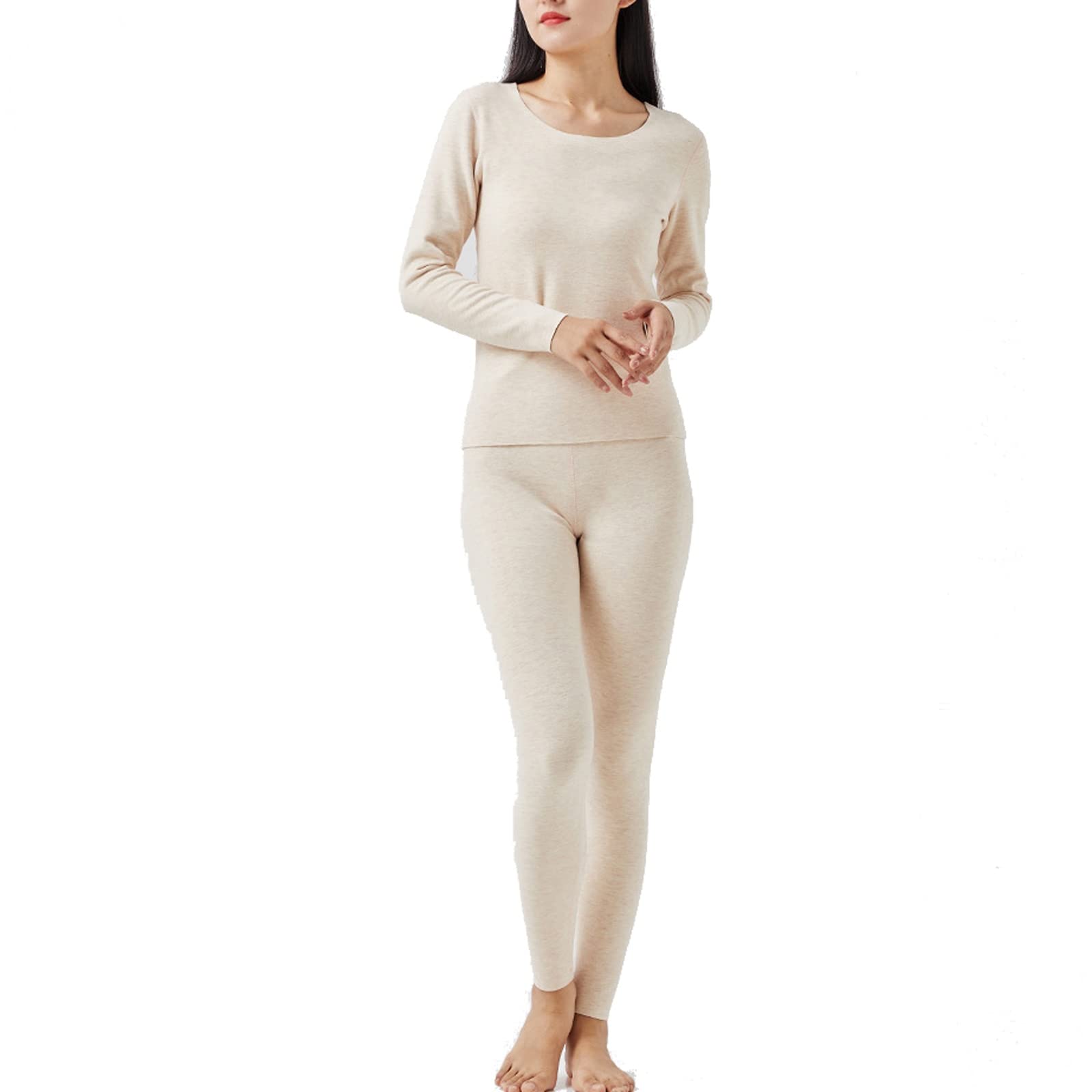 Ropa Termica para Mujer, Algodón Invierno Conjuntos Térmicos Albaricoque, Cuello Redondo Camiseta Termica y Pantalon Esquí Múltiples Tamaños