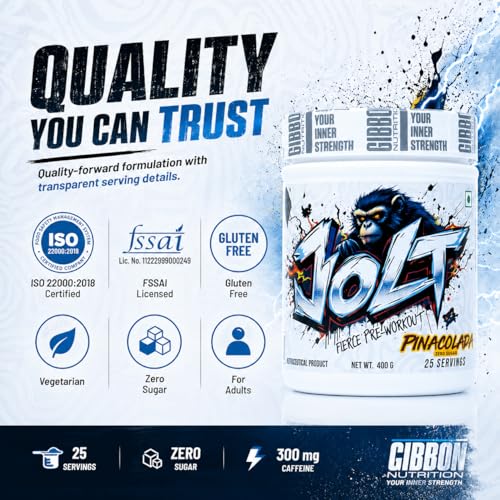 Image of GIBBON JOLT Fierce Pre-Workout 400g | 7000mg Citrulline, 5400mg Beta-Alanine, 300mg Caffeine, 1000mg Taurine | Zero Sugar, 25 Servings, Vegetarian, Gluten Free | Cola Flavour
