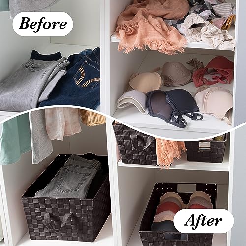 Image of Simplify Large Woven Strap Tote | Decorative Storage Basket | 2 Handles | Organization | Closet | Bedroom | Bathroom | Nursery | Accessories | Toys | Gifts | 4 Pack | Chocolate
