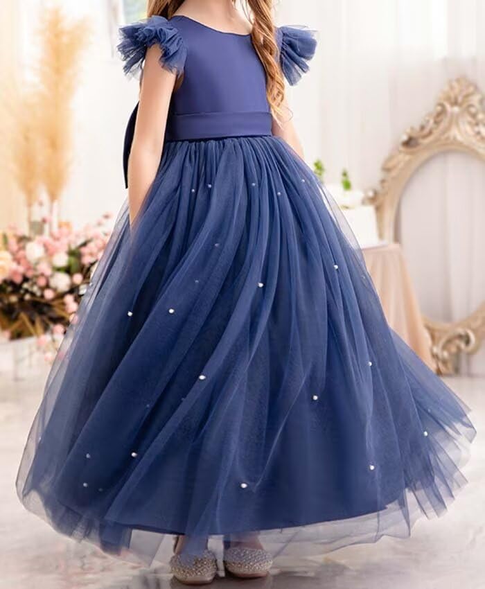 Girls' Pink Tulle V-Back Princess Dress - Floor Length, One Size, Formal, Modern - Flower Girl Dress2