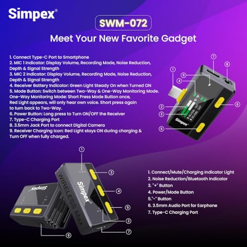 Image of Simpex (Mic-072 Wireless Microphone System with Remote & Noise Cancellation, 12 Sound Effects, 3 Voice Modes, 50m Range, Use with iPhone /Android & DSLR Camera for Vlogs, Interview & Podcasts