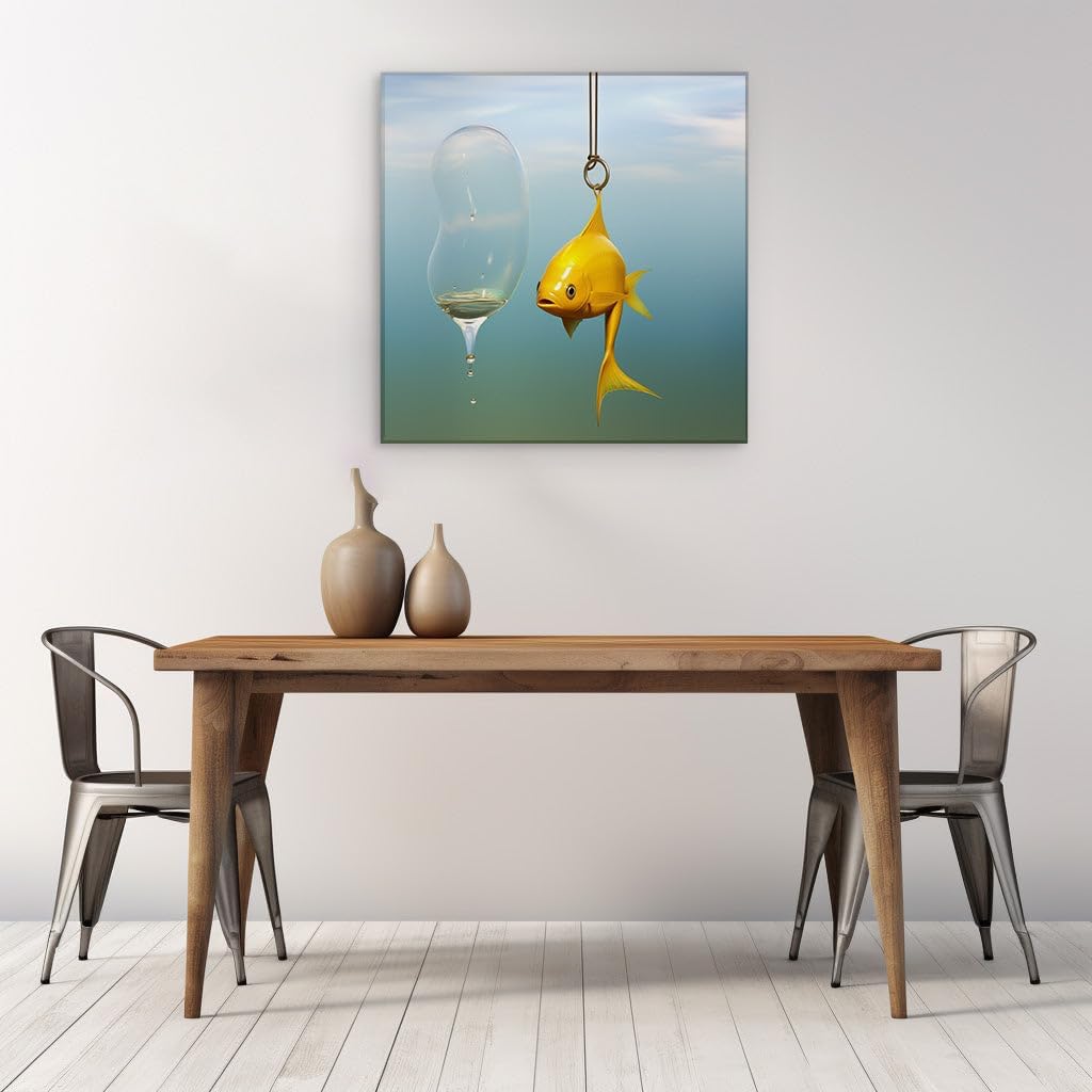 Canvas for Living room. Golden Dreams on the Line: A Surreal Encounter with the Fish of Fancy, 27 x 18 inch Canvas Wall Art - Ready to Hang - 69x46 cm (27x18 inch)