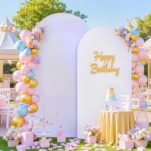 Image of 7.2FT 6FT Arch Backdrop Cover for Party, Set of 2 Stretchy Spandex Fitted Arch Stand Cover for Baby Shower, Birthday Wedding Decor, Chiara Backdrop Cover with Double-Sided Design(Silver, White)