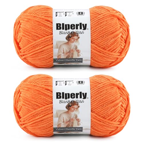Image of Skinny Chenille Yarn for Crocheting, #2 Orange Thin Baby Blanket Plush Yarn | 2 Pack of 158 Yds, 1.7 Oz Sport Fingering Weight Fine Yarn, Soft Fluffy Velvet Yarn for Crochet knitting Blankets, Amigurumi