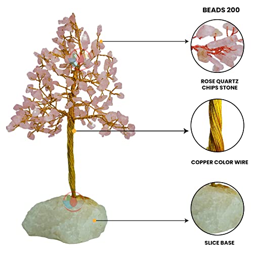 Image of REMEDYWALA Charged Energized Rose Quartz Crystal Tree with Stone Base for Reiki Healing Stone Tree 200 Beads