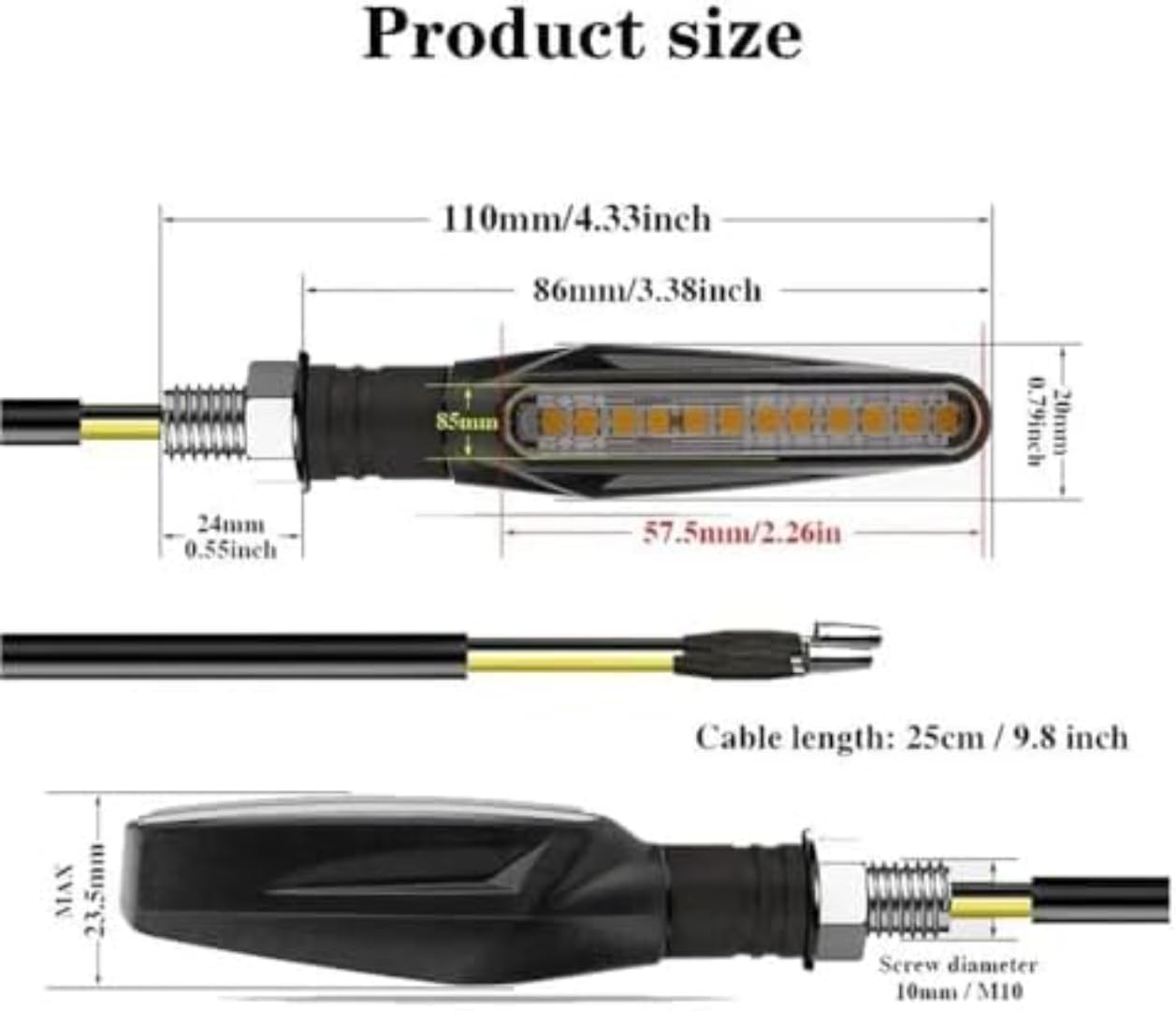 Generic Mini uniwersalne wskaźniki Motorfiets LED-richtingaanwijzers, amberkleurig knipperlicht, stromend water, ingebouwde relais, 12 led-lampen, knipperende lichten