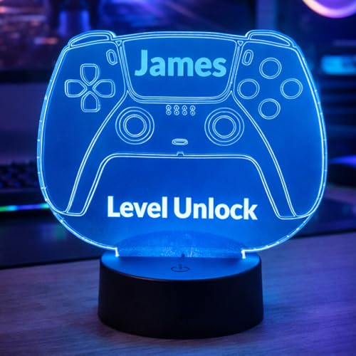 Image of Personalised Gaming Controller LED Night Light – Custom Name & Text Acrylic 3D Illusion Lamp – Gamer Bedroom Decor Gift for Boys, Kids & Teens – Multicolour USB Desk Lamp