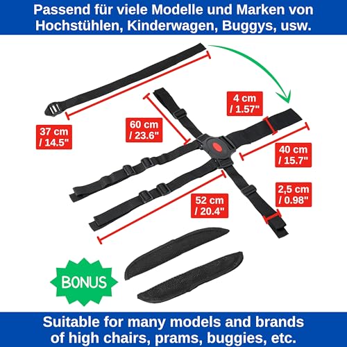 5-Punkt-Gurtsystem mit Abschnallschutz Schnalle, für Hochstuhl, Kinderwagen und Buggy, Schwarz, einfach Anzubringen, mit Stegschnallen für feste Schlaufen, Kinderstuhl Sicherheitsgurt, Anschnallgurt