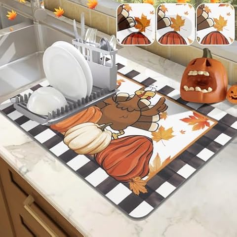 LOKHOM Fall Dish Drying Mat for Kitchen Counter, 12"x20" Absorbent Turkey Drying Mat with Autumn Pumpkin Maple Leaves, Thanksgiving Day Dish Drainer Rack Mats for Kitchen Counter Coffee Bar Decor Cover