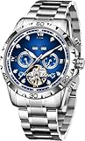 Cortella Mens Watches, Automatic Skeleton Roman Numeral Diamond Dial Stainless Waterproof Day Date Business Casual Timepiece, Water Resistant Wrist Watch (Silver Blue)