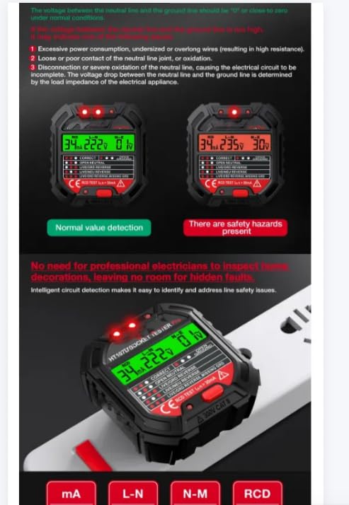 HT107 tester showing various fault indications like lack of ground, reversed lines