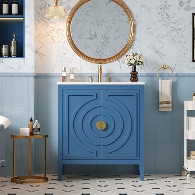 Bathroom Vanity Set, 36 Bathroom Vanity with Resin Sink Combo, Solid Wood Frame Bathroom Storage Cabinet with 5 Drawers & Soft Closing Doors, MDF Boards, Gold Metal Knobs