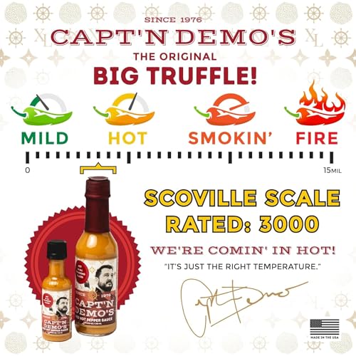 Image of CAPTAIN DEMO's TRIPLE TRUFFLE Red Hot Pepper Sauce - Three Bottle Pack with TWO Bonus Travel Bottles, Gourmet Hot Sauce With Black Truffle, Black & White Truffle Oil, Garlic, Hot Honey Heat