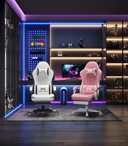 Gaming Chair with Footrest, Ergonomic Computer Chair, PU Breathable Material with Headrest and Lumbar Support, Suitable for Silla Gamer and Adults (White)