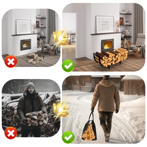 Firewood Rack Indoor with Log Carrier 34Inch Fireplace Wood Holder, Black Outdoor Firewood Storage Organizer Stable Metal Wood Rack Heavy Duty Log Holder for Fireplace Patio Deck, Wood Carrier Tool - Thumbnail 6