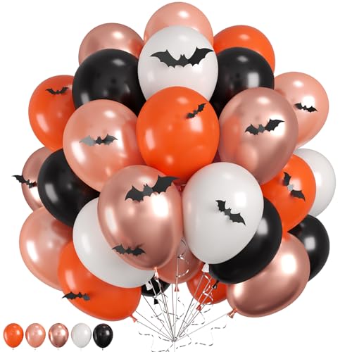 Globos de Halloween, 60 globos negros y naranjas, globos de color negro, naranja, blanco, oro rosa con 4 tamaños diferentes, calcomanías de murciélagos 3D para Halloween, bailes de máscaras