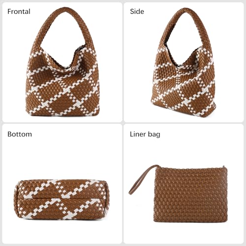 Image of Woven Bag for Women Vegan Leather Tote Bag Large Summer Beach Travel Handbag and Purse Retro Handwoven Shoulder Bag