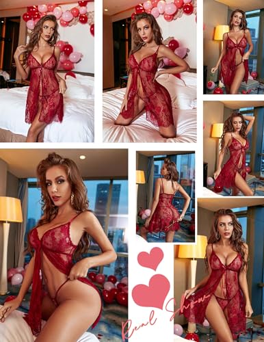 Image of Avidlove Sexy Lingerie for Women Open Front Lace Babydoll Dress V Neck Chemise Negligee Honeymoon