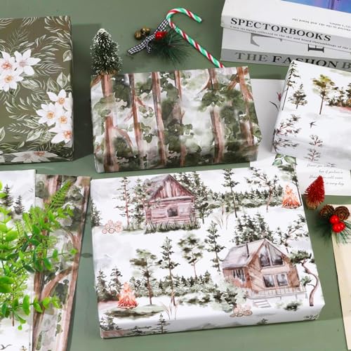 Dtiafu Forest Green Wrapping Paper 4 Watercolor Woodland Style Gift Wrap Paper Bulk Green Tree and Farmhouse for Christmas Wedding Baby Shower, 20 X 28 Inch, Folded Flat (8 Sheet)